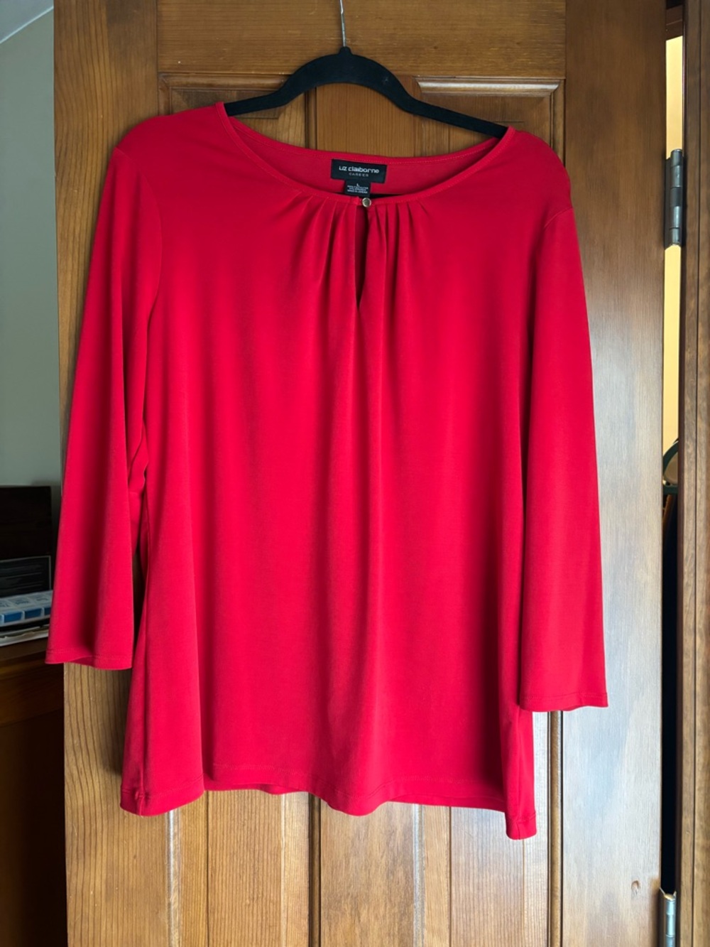 Liz Claiborne Bright Red Gathered Neck Long-Sleeve Top